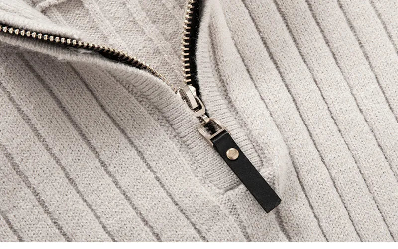 Men's long-sleeved half-turtleneck zip-up sweater in slim fit, polyester blend, shown in dark grey