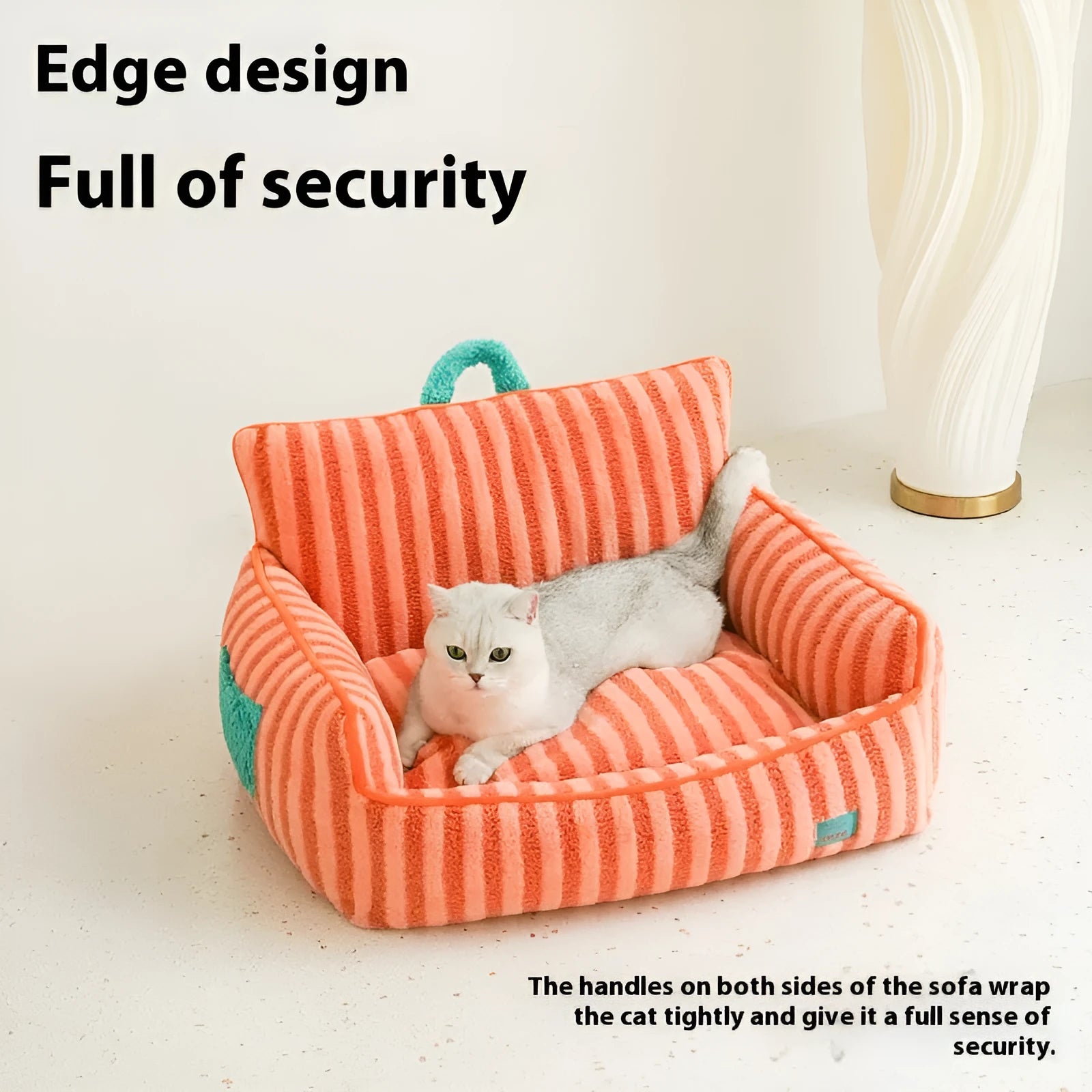 Striped orange soft velvet pet bed for dogs with a removable washable cover.