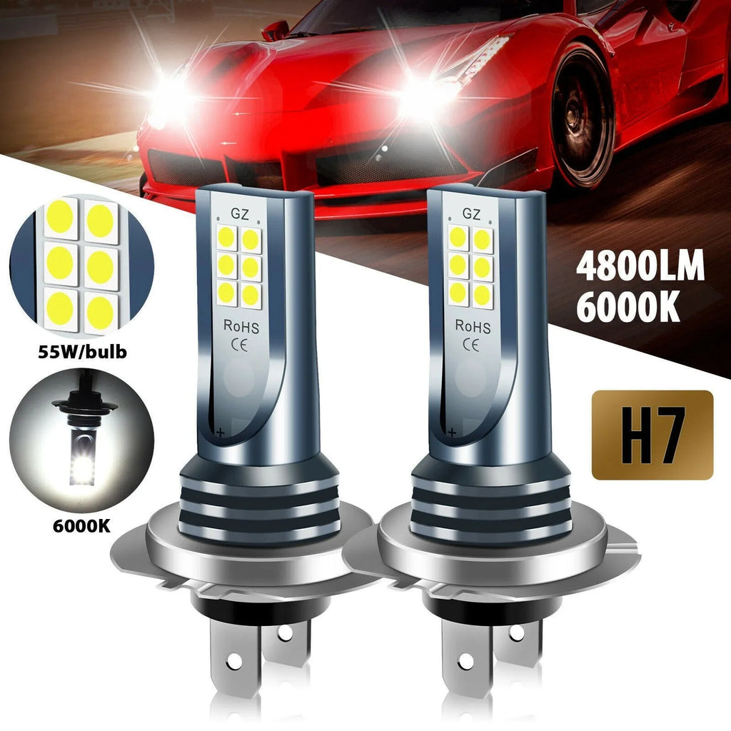 Pair of aluminium LED fog light bulbs for cars with H7 9005 H11 connectors, showing 12 SMD chips.