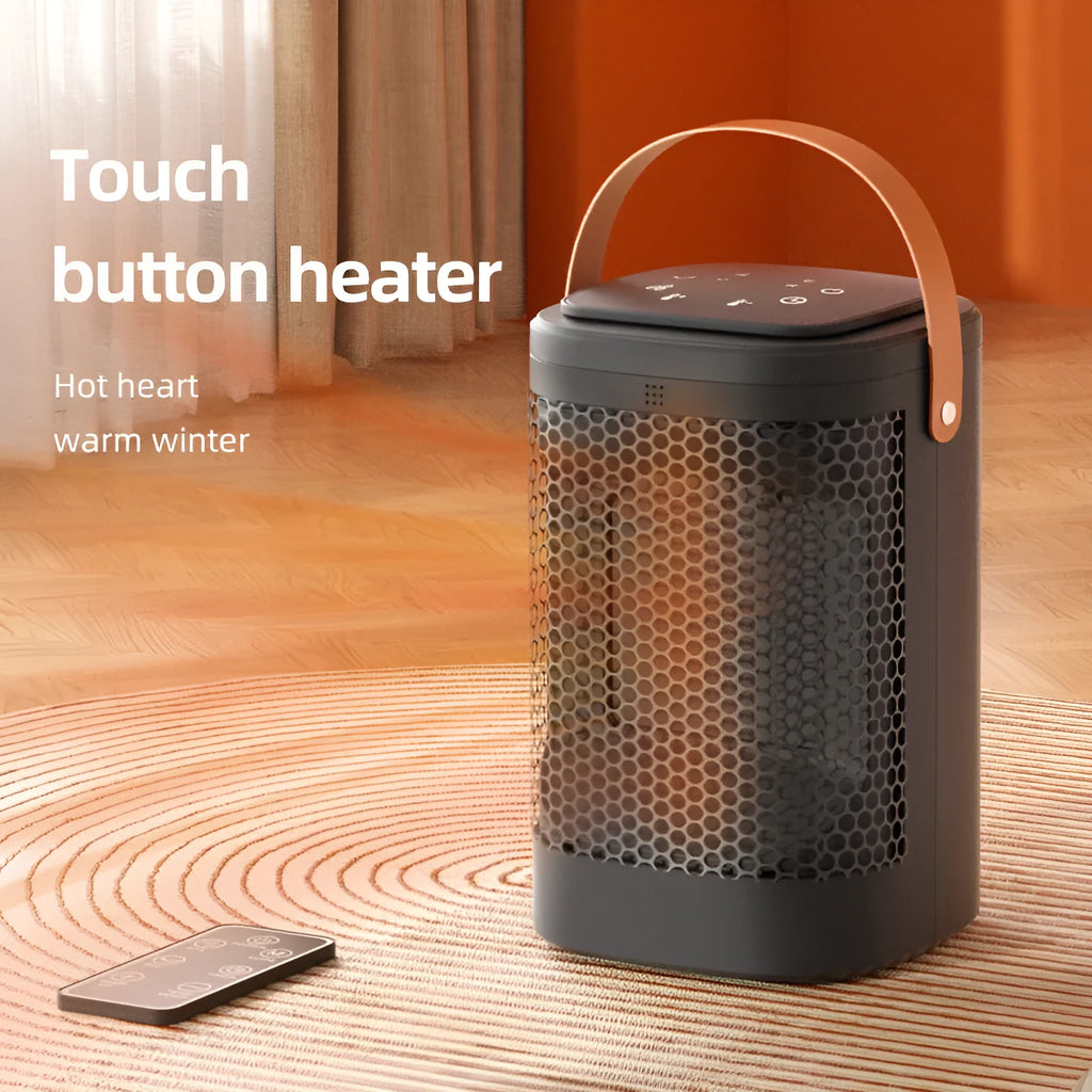 Silver touch screen electric radiator heater with remote control on a wooden desk.