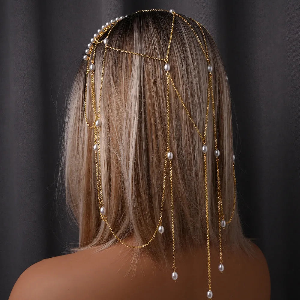 Gold electroplated mesh hair chain with pearl accents and tassel detailing for women