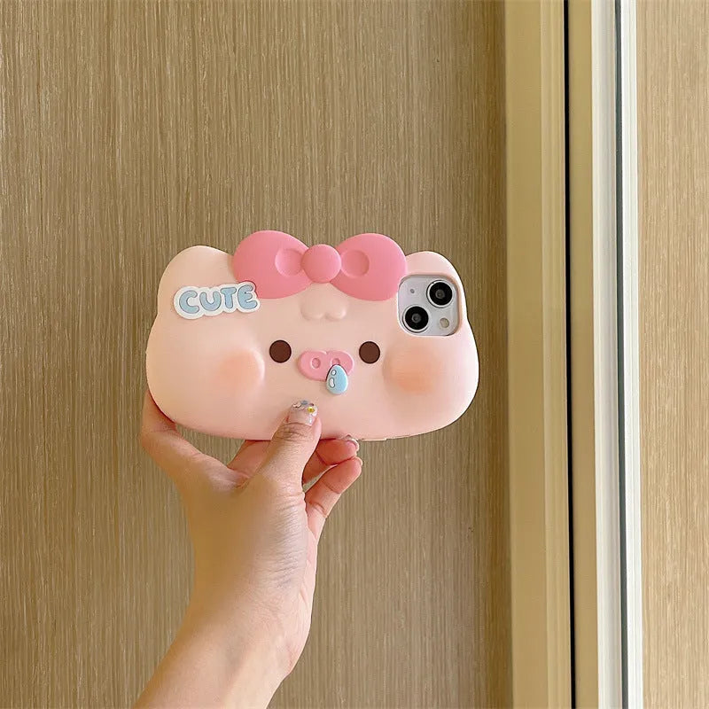 Silicone snot pig phone case for iPhone, all-inclusive cartoon cover with embossed anti-fall design