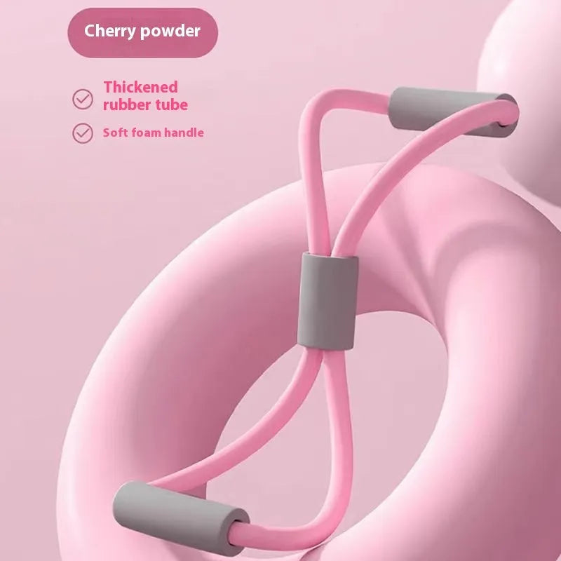 Yoga four piece fitness set showing leg beauty device, yoga ring, pedal chest expander, and figure eight tension rope.
