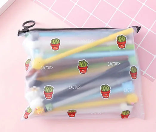 Set of twenty cartoon cactus design 0.5mm black gel pens inside a blue plastic zip case
