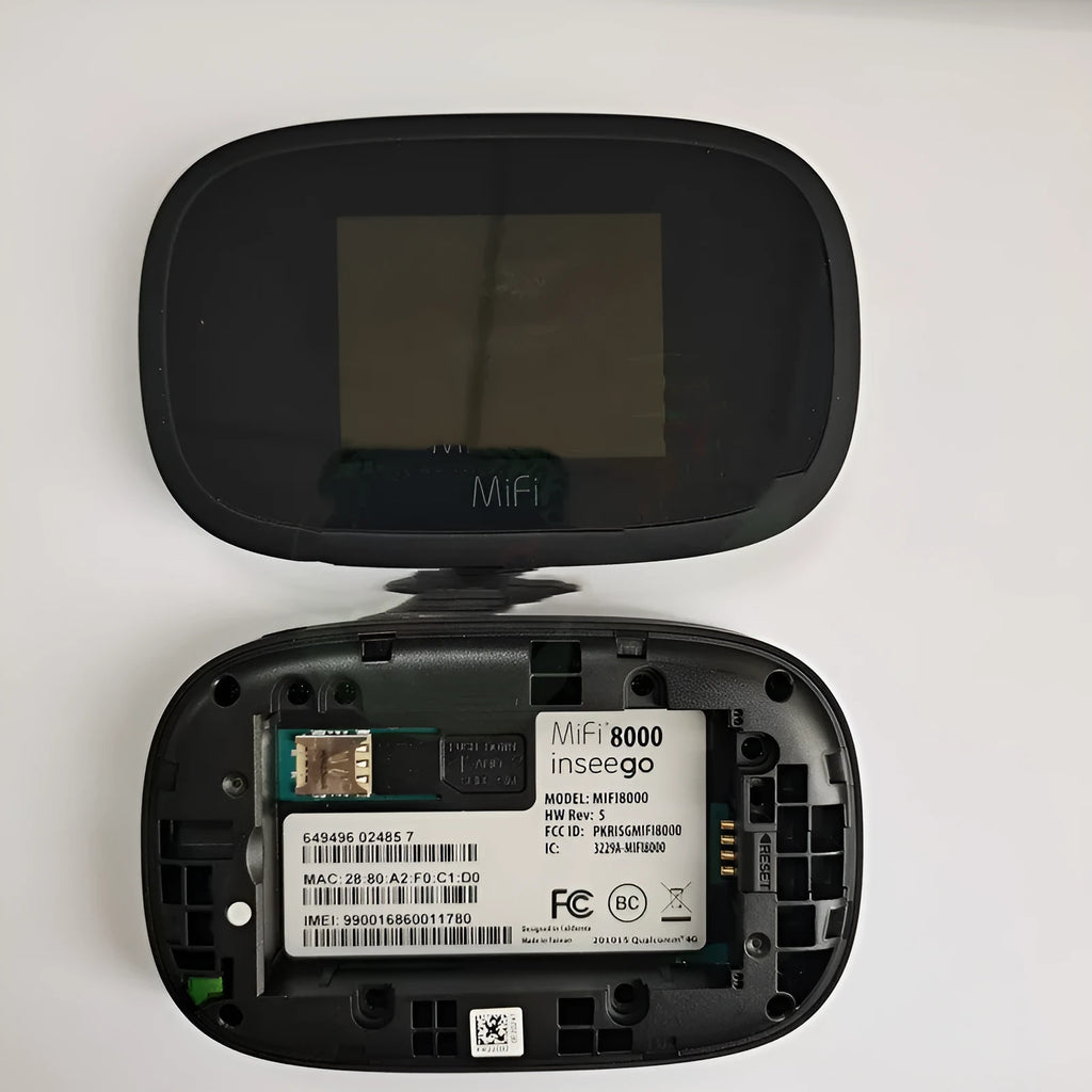 Black Full Network 4G portable wireless router with LCD screen, shown alongside a SIM card and battery.