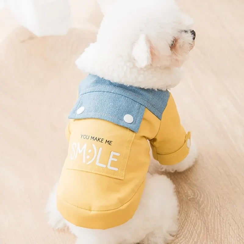 Yellow denim patchwork puppy coat for small to medium dogs with Sherpa fleece lining