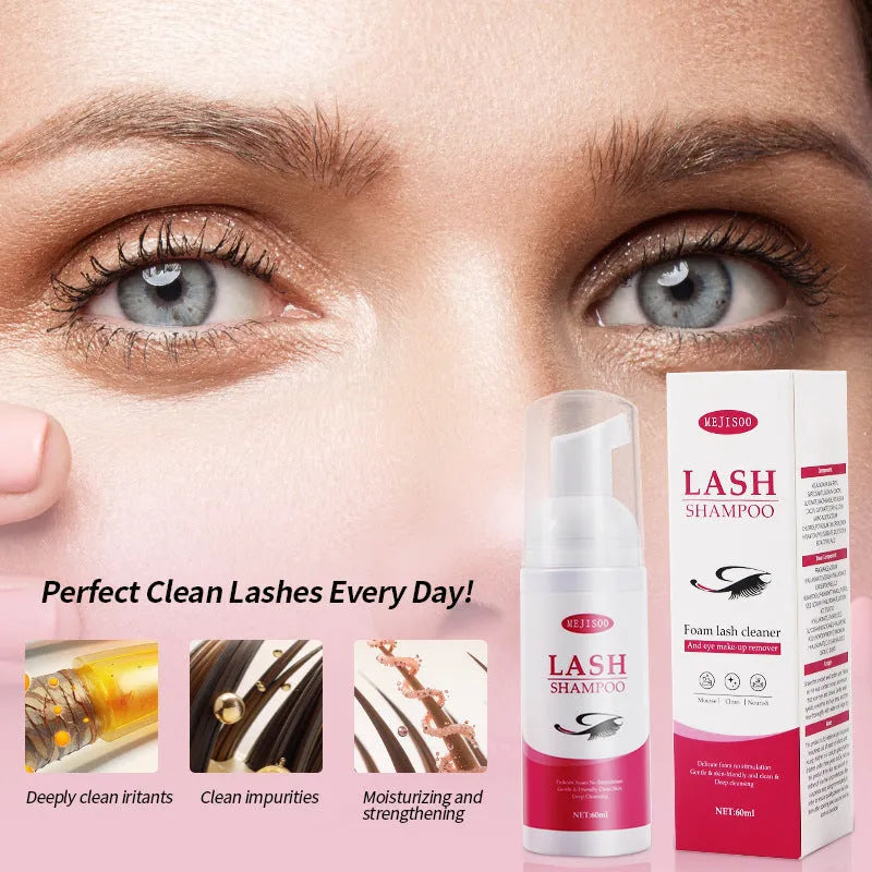 60ml bottle of Lash Shampoo Mousse eyelash cleaning solution on a beauty background.