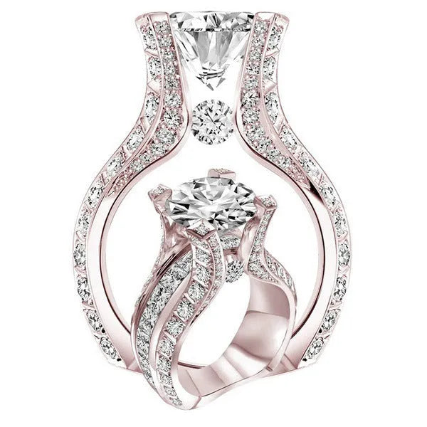 Rose gold electroplated oval zircon engagement ring in geometric alloy design, sizes 5 to 11