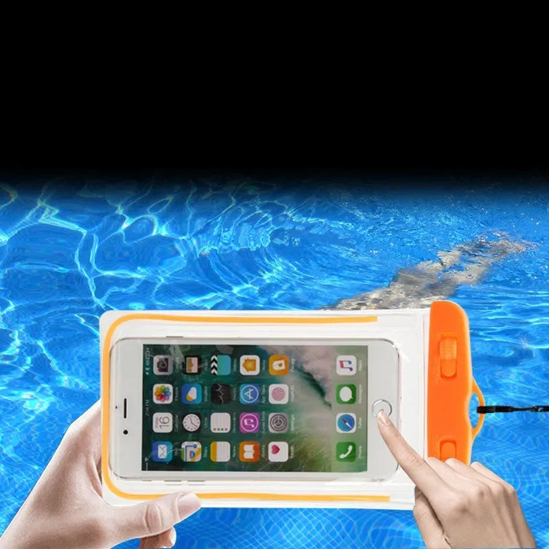 Universal waterproof phone case with luminous touch screen in eight colour options for outdoor activities