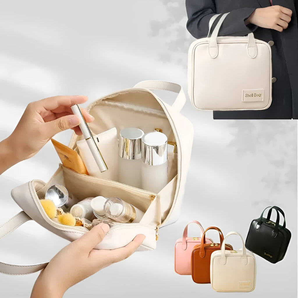 PU leather travel makeup bag in caramel mocha, 21x8x19cm, open to show compartments for cosmetics and toiletries