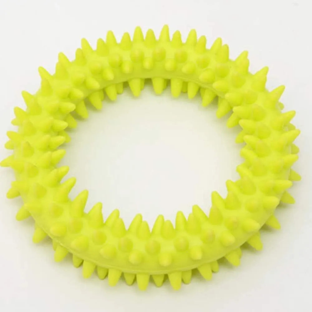 Blue spiky circle ring dog chew toy made from TPR for cleaning teeth and bite training.