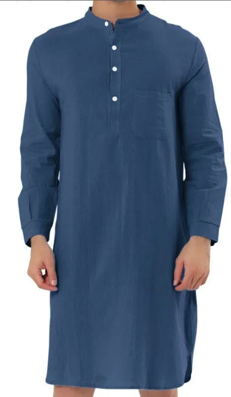 Men's cotton shirt robe with a front button closure and pockets, shown in a light blue colour.