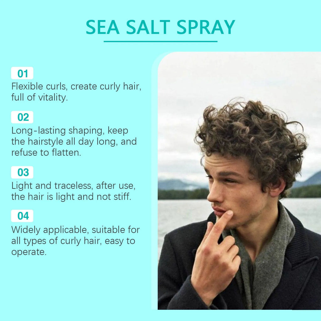 Sea salt curly hair spray in a 100ml bottle for shaping elasticity and volume, dimensions 3.8 x 3.8 x 14.8cm.