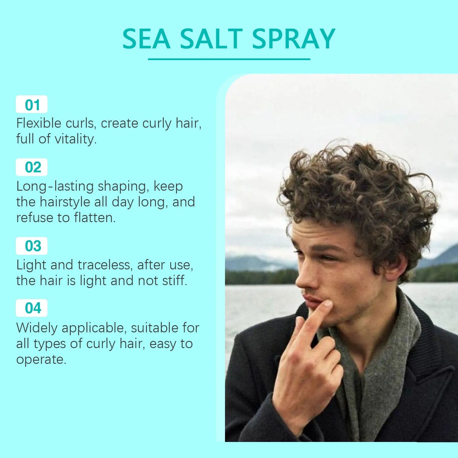 Sea salt curly hair spray in a 100ml bottle for shaping elasticity and volume, dimensions 3.8 x 3.8 x 14.8cm.