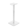 Detachable aluminum alloy headset hanger with TPU rubber cradle, shown in white, pink, and black, fixed to a table.