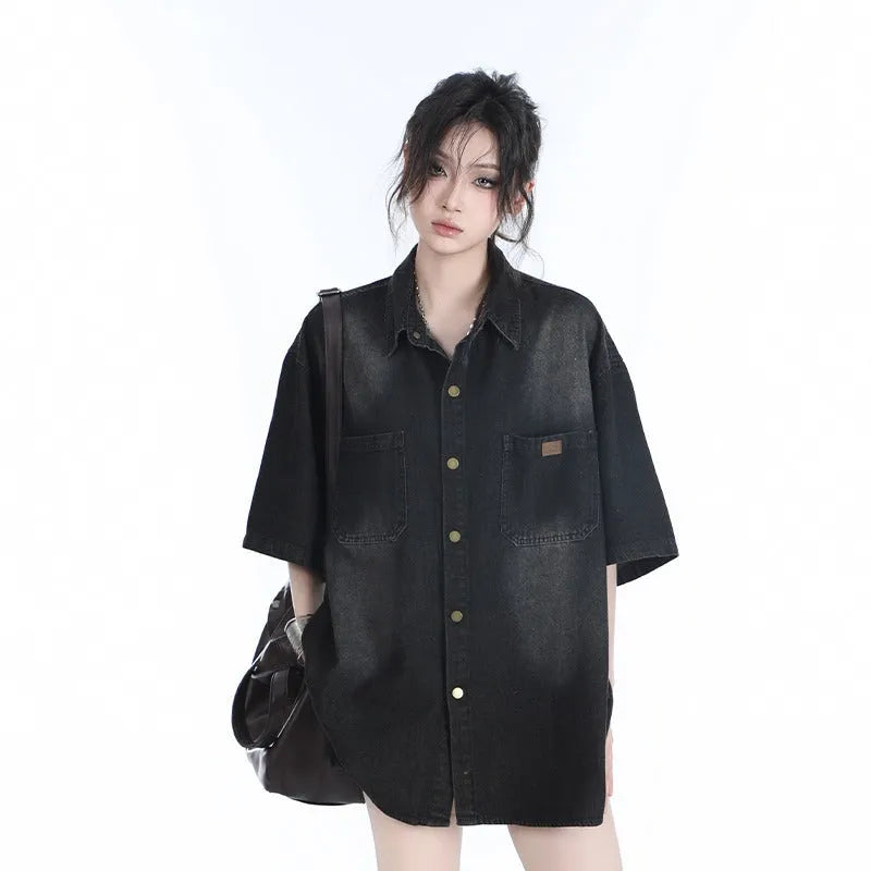 American retro heavy wash denim-look short sleeve colour block top in black or blue, sizes M to 3XL