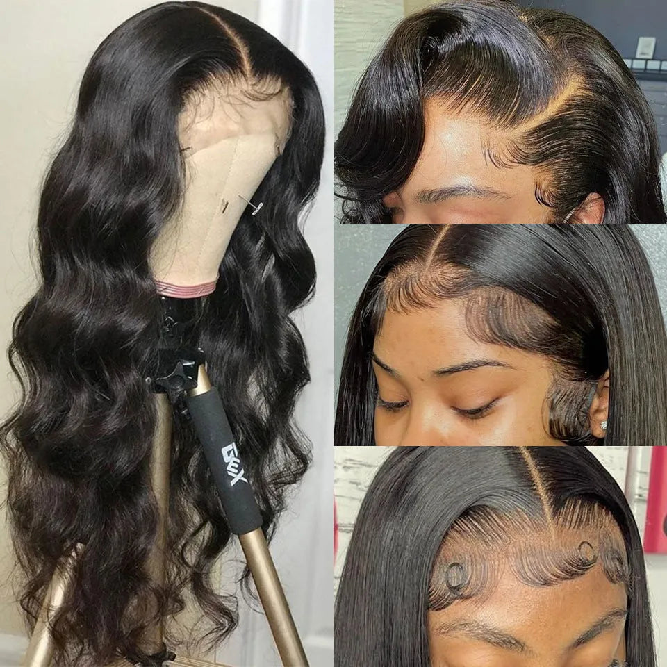 Black synthetic front lace long curly wig with side bangs, density 180, length 22 inch, on display