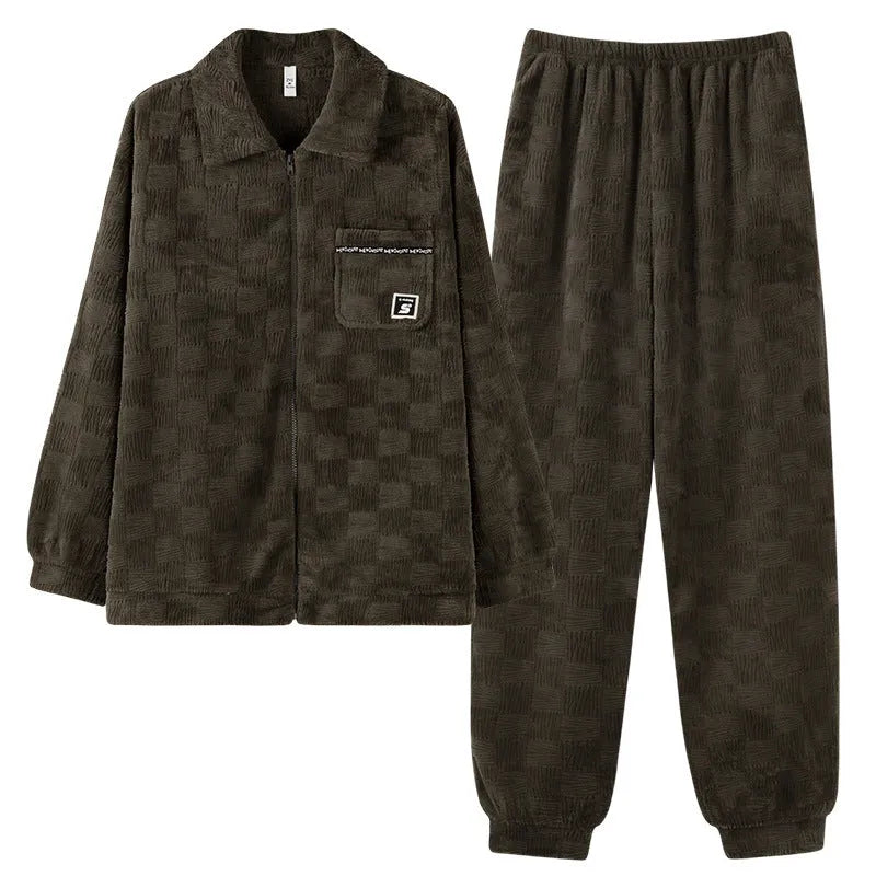 Men's coral velvet pajamas suit in black – super thick flannel two-piece set with top and pants for sleep and outdoor warmth