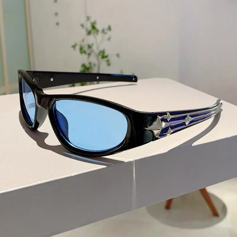 Special-shaped black frame sunglasses with blue polycarbonate lenses for outdoor sports.
