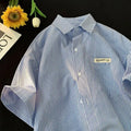 Loose blue and green striped half sleeve casual shirt with cardigan-style front