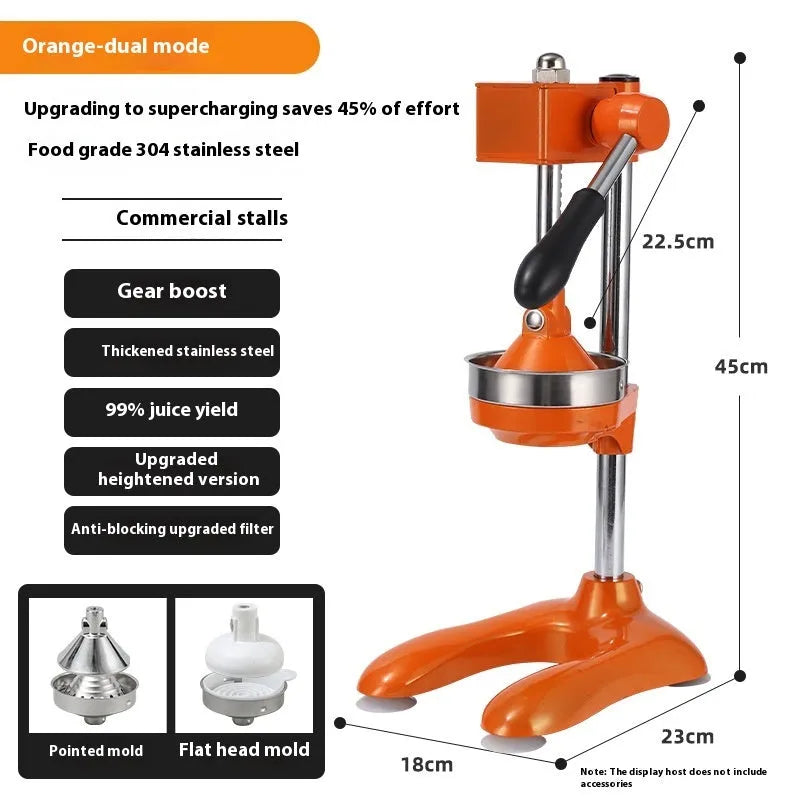 Vertical stainless steel manual citrus juicer with choice of pointed, flat, or double head in various colours.
