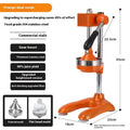 Vertical stainless steel manual citrus juicer with choice of pointed, flat, or double head in various colours.