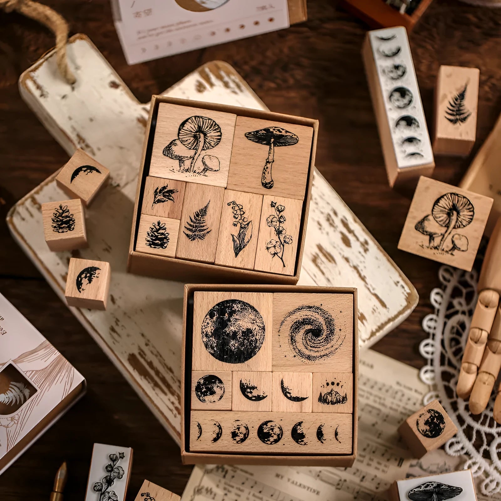 Mr Paper wooden decorative stamp set showing seven vintage design stamps for journal and craft projects