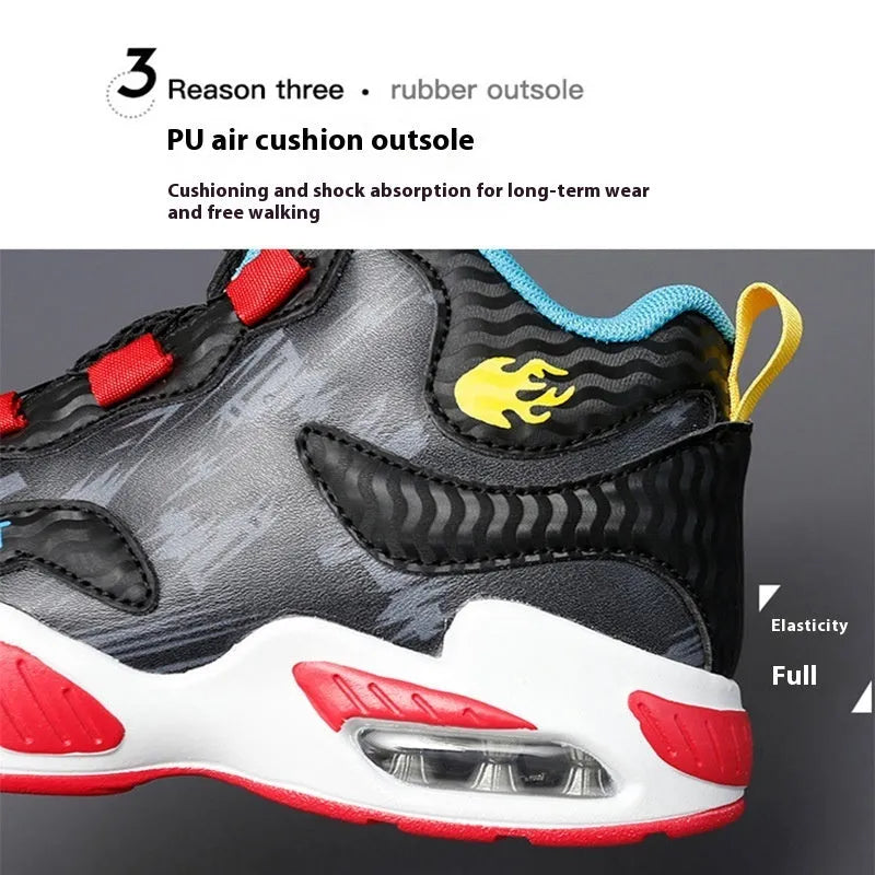 Children's black and coloured rotating button basketball shoes with a PU sole.