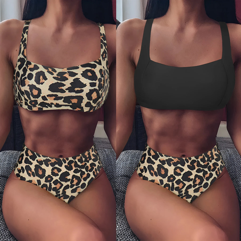 Women high waist push up bikini set in black from front view showing bra and briefs
