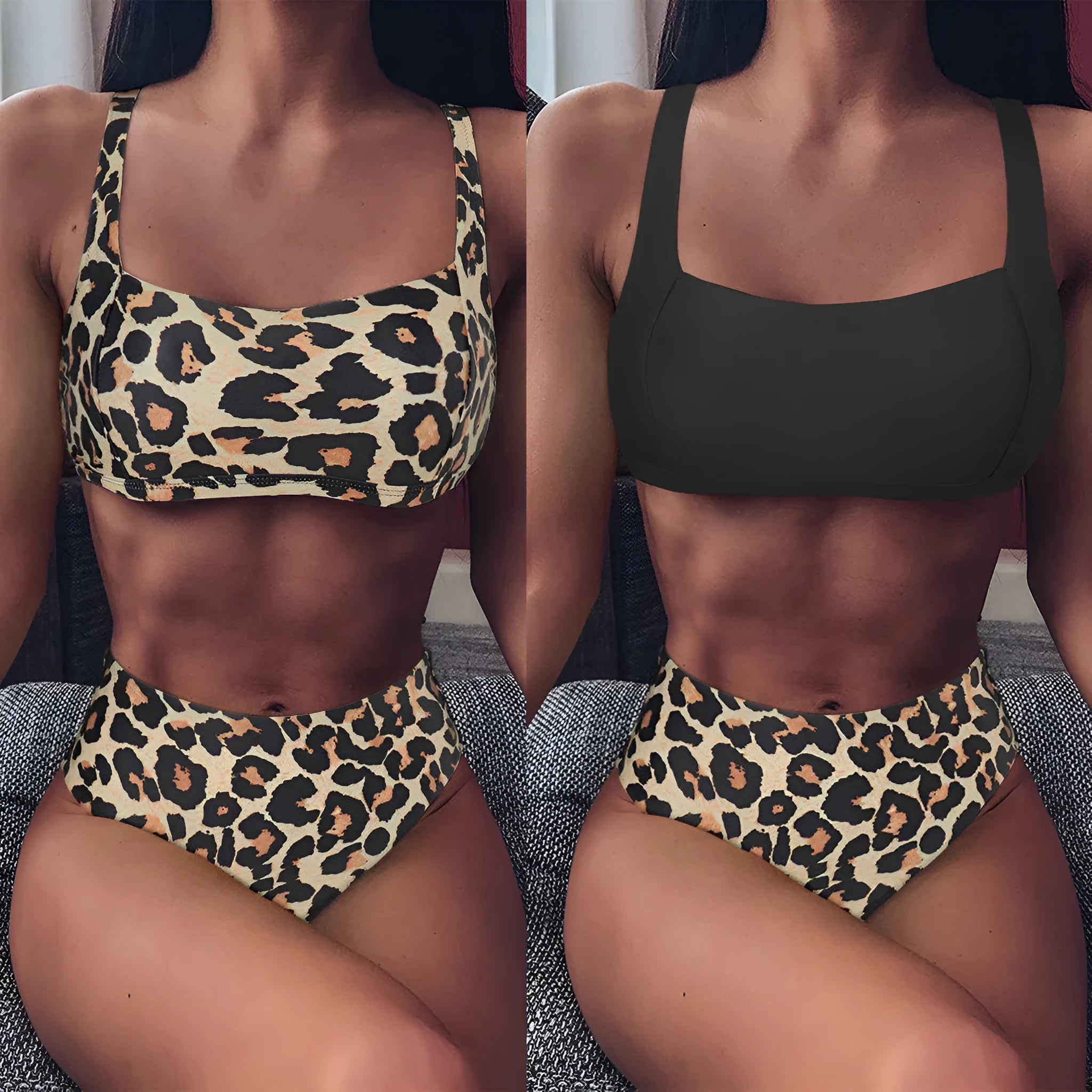 Women high waist push up bikini set in black from front view showing bra and briefs