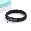 Men's black woven leather bracelet with a stainless steel casket capsule for remembrance.