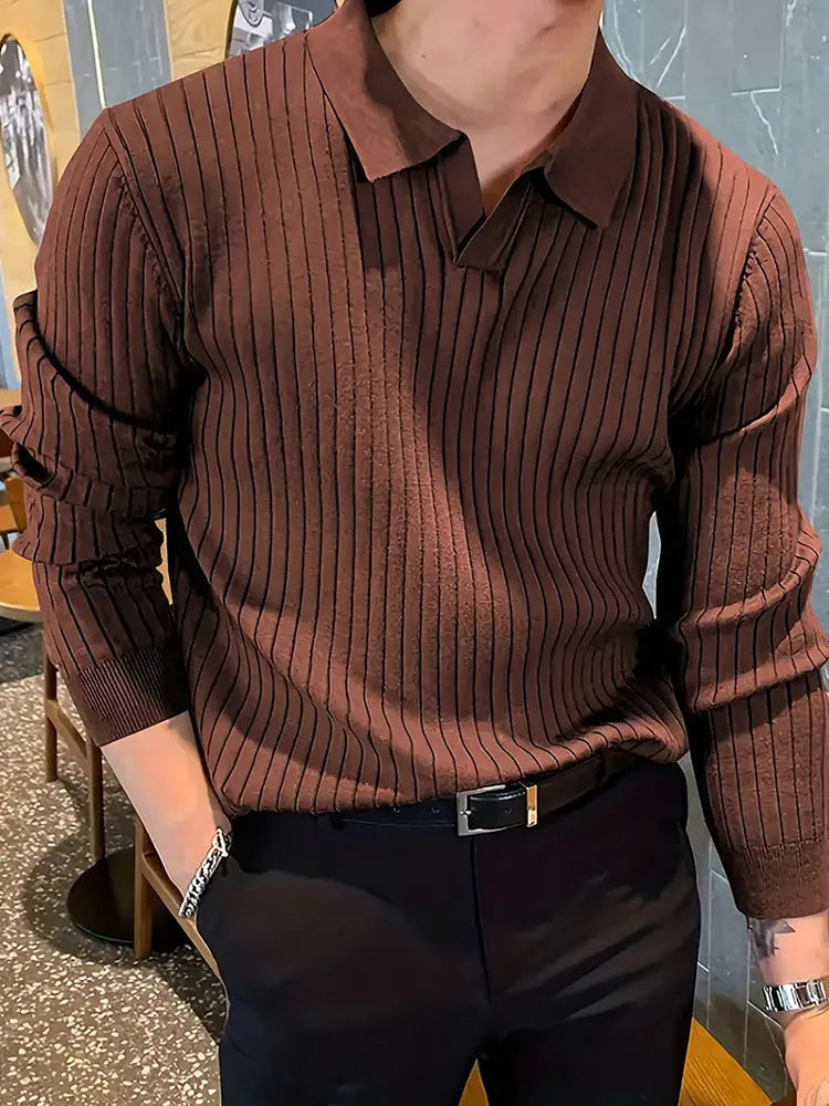 Men's slim fit waffle texture long sleeve knit polo shirt in dark green, front view