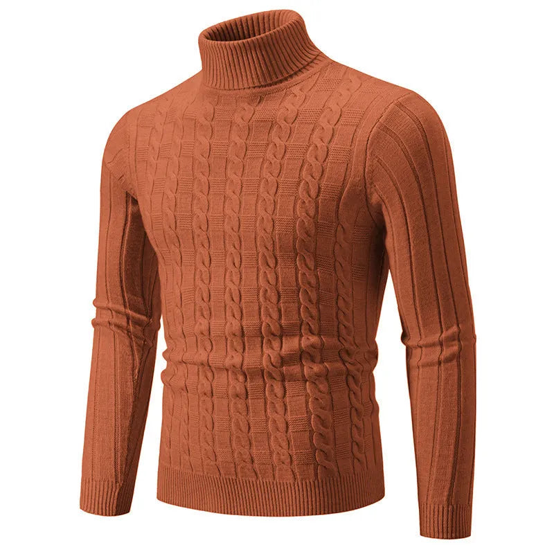 Man wearing a beige slim-fit chenille turtleneck sweater with a twist stitch texture.