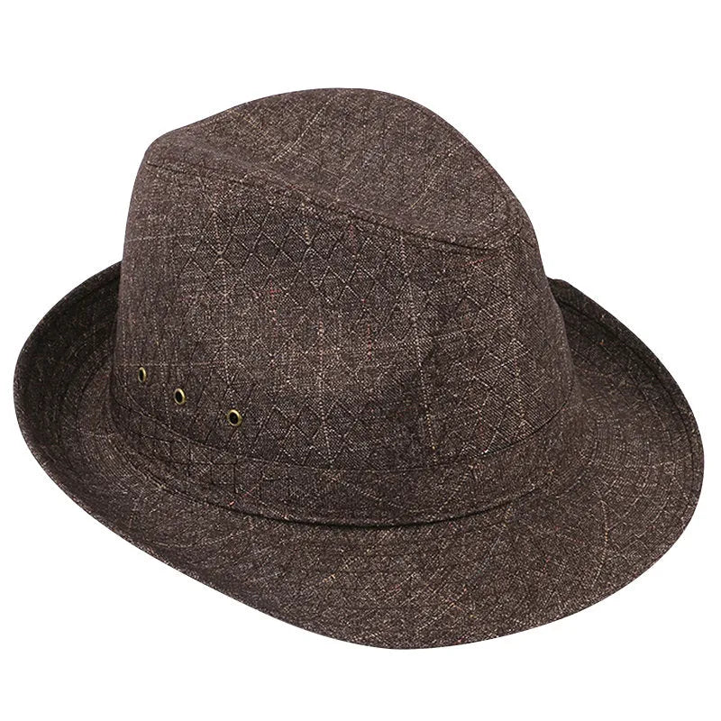 Classic brown fedora hat for men on a stand, showing structured crown and brim.