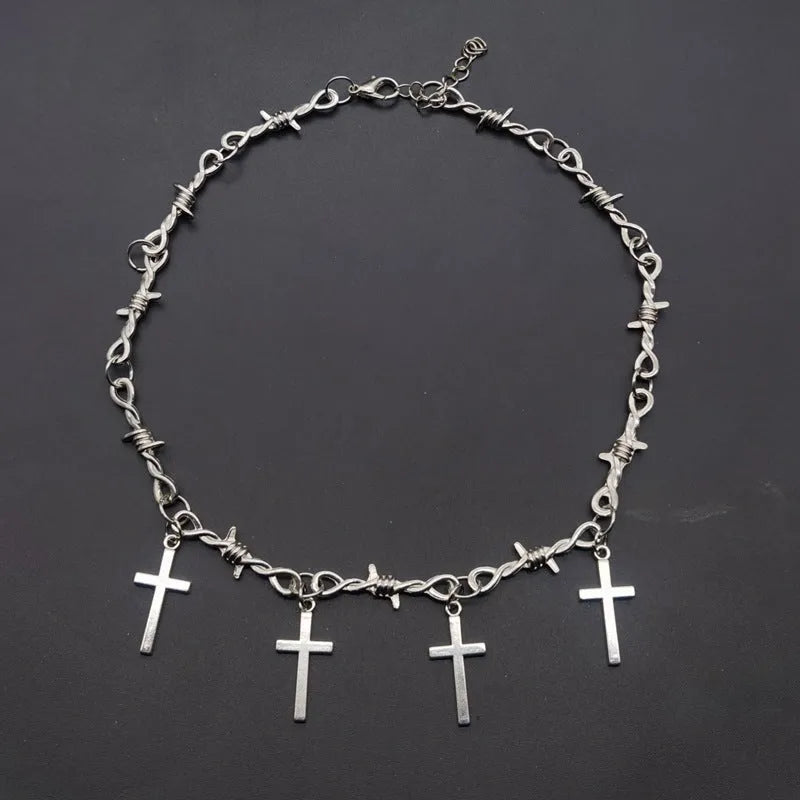 Iron wire choker necklace with geometric alloy pendant in white K, unisex hip hop gothic punk style