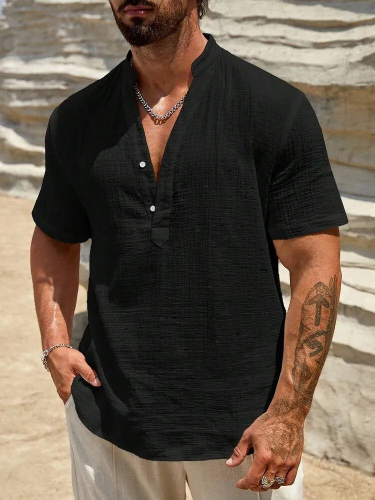 Men's solid colour stand collar short-sleeved shirt in a breathable polyester blend fabric.