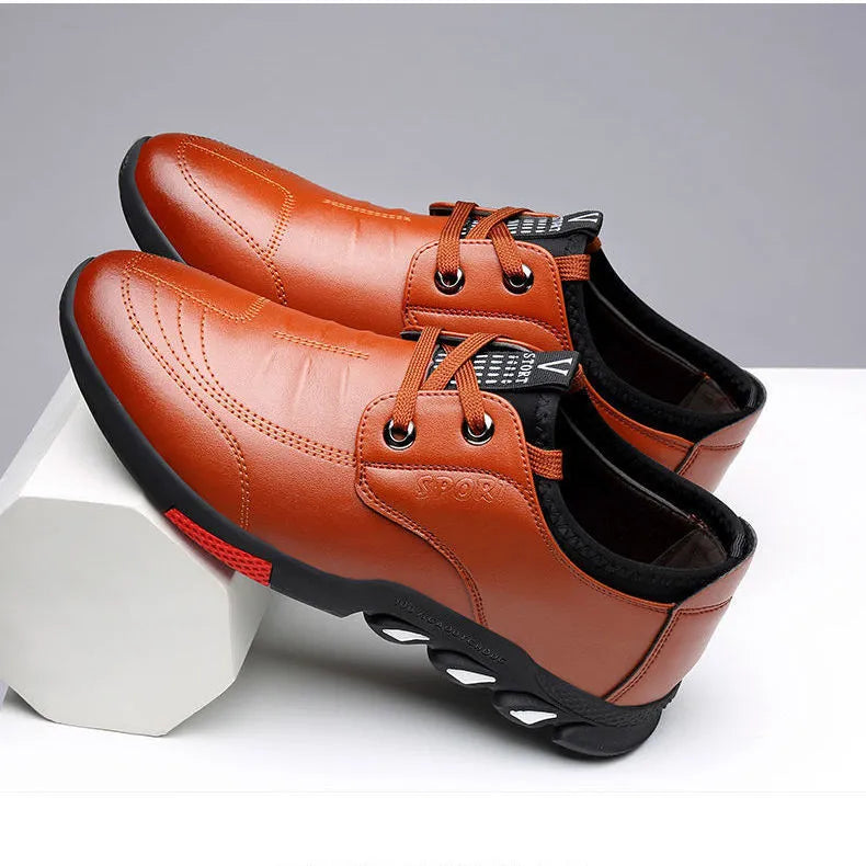 Men's black and brown PU leather business casual shoes with flat heel and lace-up or slip-on styles