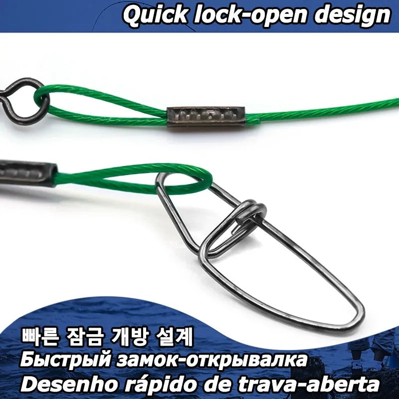 Green, black, and red steel wire fishing tackle accessories with double buckle pins, each 54cm long.