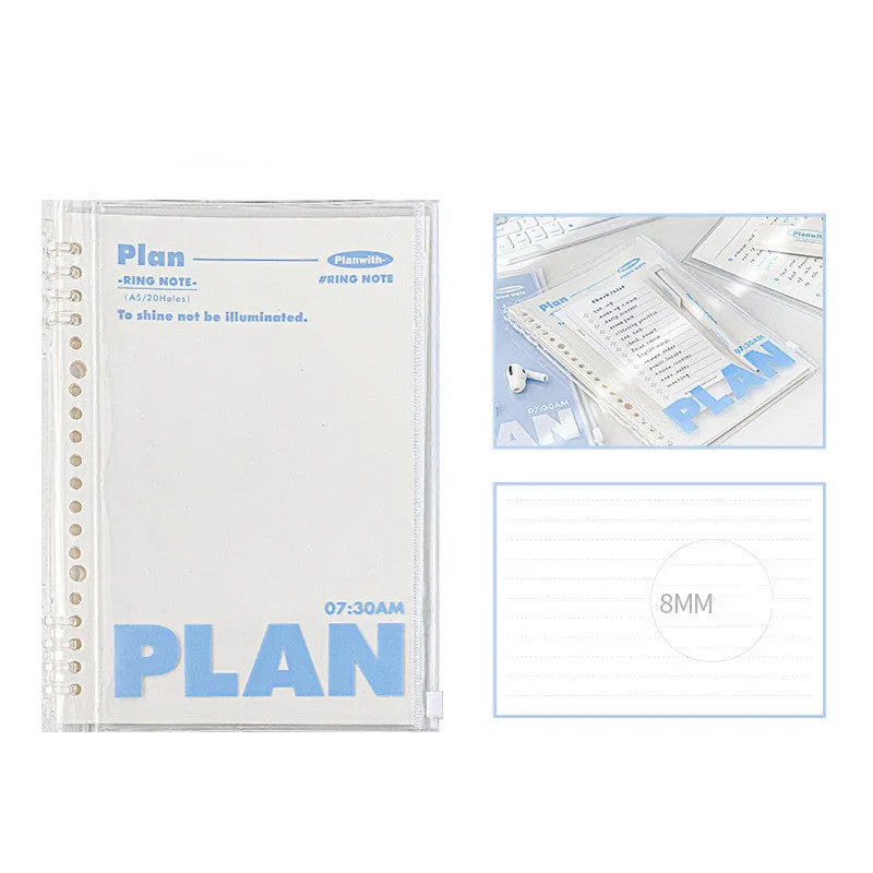 A5 PVC notebook storage can in blue colour showing dimensions of 148mm by 210mm