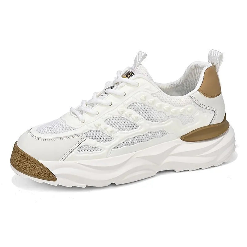 Men's white PU mesh casual trainers with round toe design for sports and leisure
