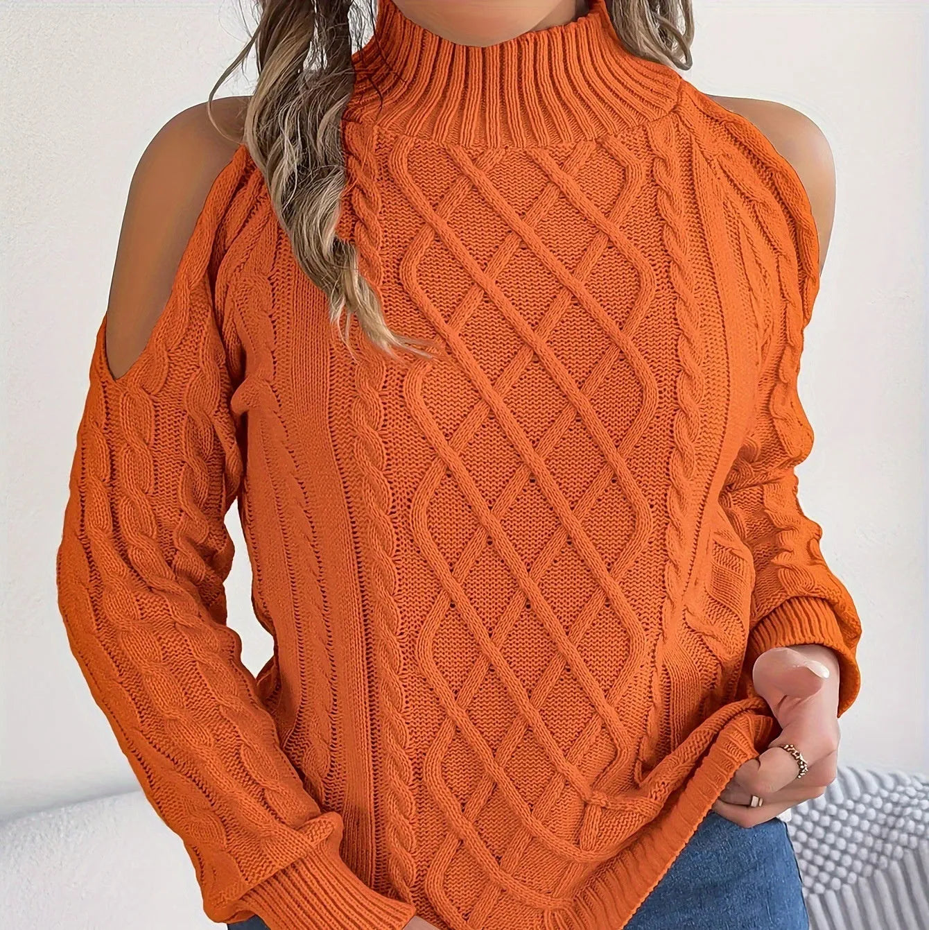 Women's gray acrylic sweater with twist pattern, strapless half-high collar, and lantern sleeves