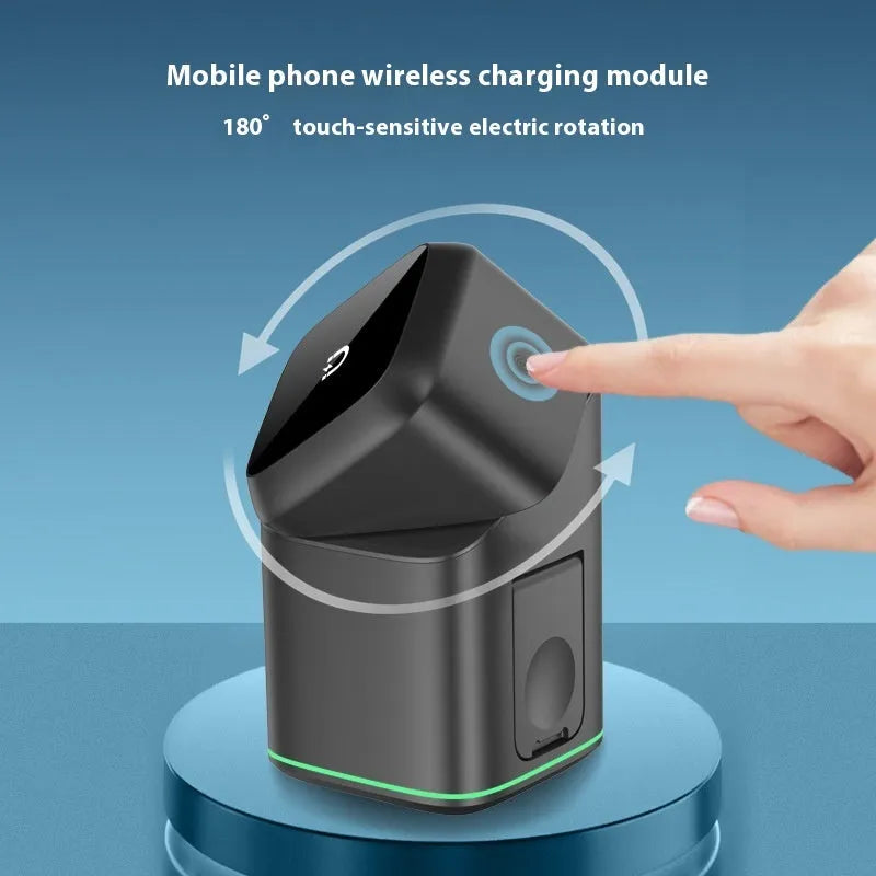 Black mobile phone magnetic wireless charging stand showing 180-degree rotation capability with Type-C cable