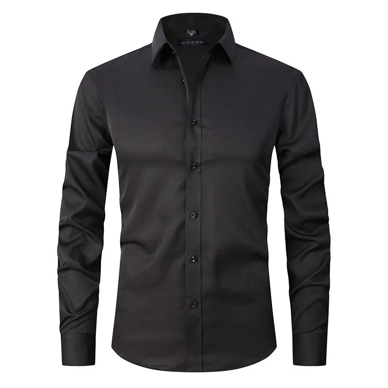 Men's stretch long sleeve work shirt in polyester fabric showing front view with size options