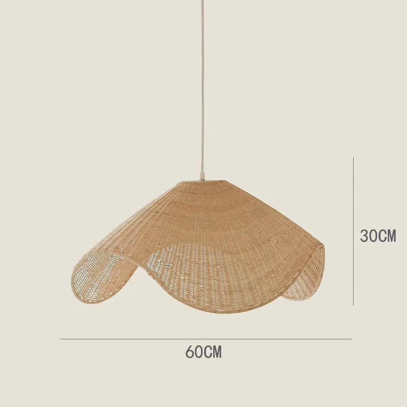 Handmade natural rattan and willow pendant chandelier with warm LED light.