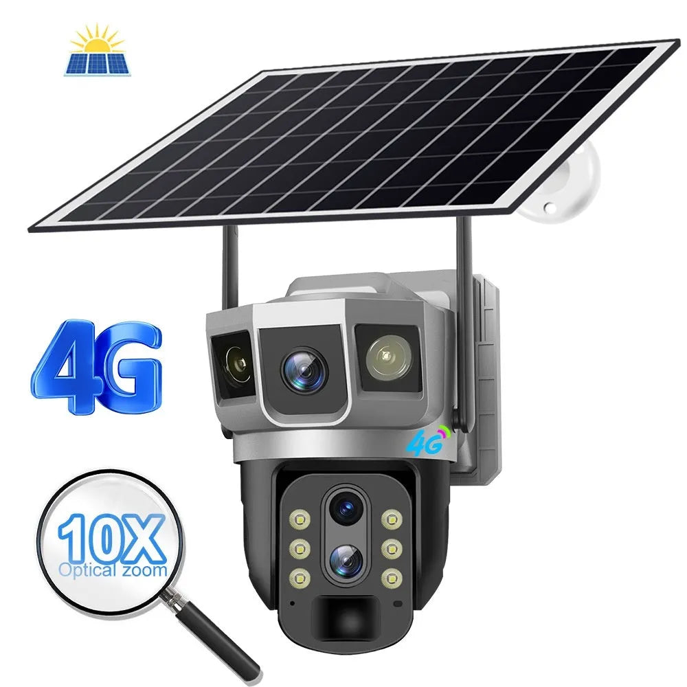 V380 outdoor 4G security camera with solar panel and 10x optical zoom capability