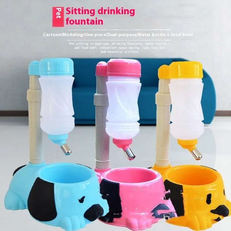 Adjustable rod lift pet drinking bowl in blue plastic, showing height mechanism
