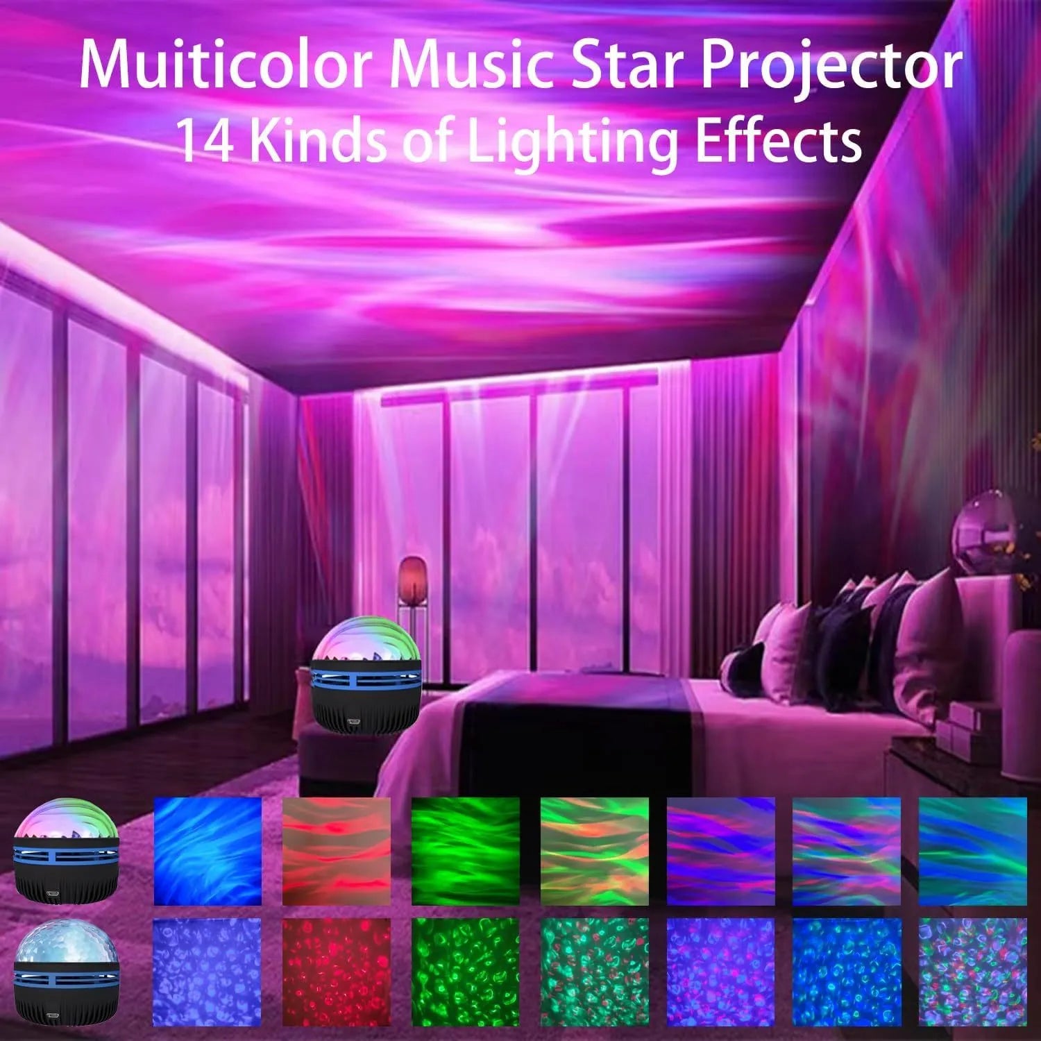 LED star galaxy projector lamp with colourful rotating light on a dark surface