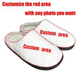 Customisable printed cotton slippers with flannel upper and textured TPR sole, shown in multiple adult sizes.
