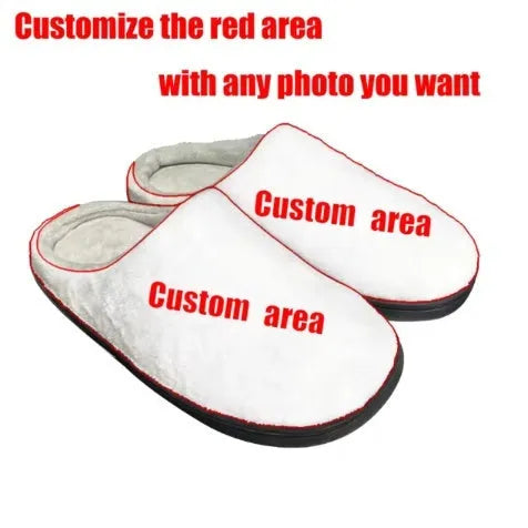 Customisable printed cotton slippers with flannel upper and textured TPR sole, shown in multiple adult sizes.