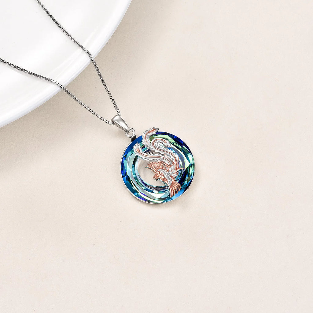 Nirvana Phoenix pendant necklace in sterling silver with crystal stone on silver box chain